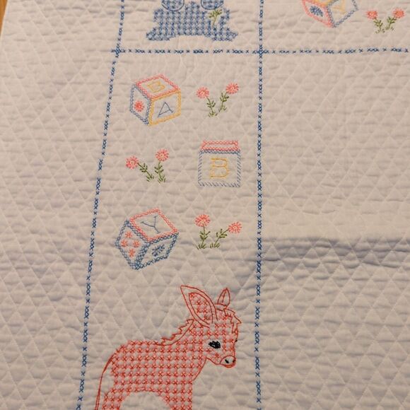 Vintage Cross Stitch Baby Quilt Blanket Blocks Bunny Elephant Bear Flowers - Picture 7 of 11